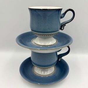Denby Castile Blue England Ceramic SET OF TWO Footed Coffee Cups & Saucers Vtg